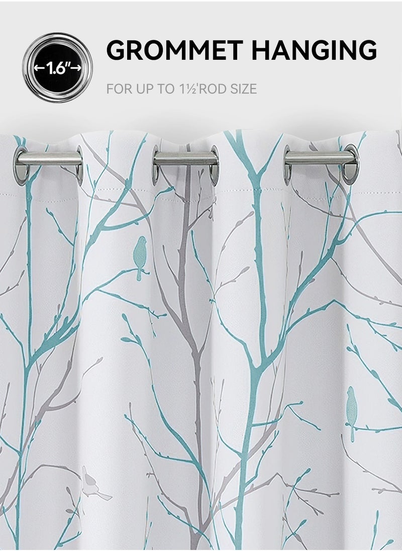 LEOKOR 2 Panels Blue and Grey Tree Branch Print Window Curtains Thermal Insulated  Darkening Curtains 132*214CM  - Image 3