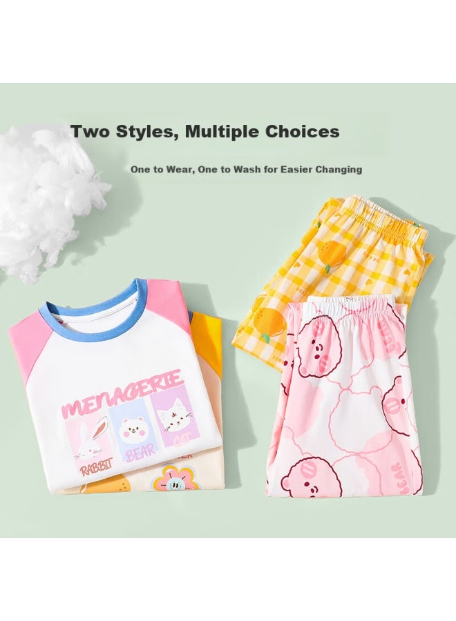 Tinsino Girls' Summer Pajama Set Children's Homewear Four Seasons Air Conditioning Clothes Animal And Happy Little Flowers - Image 2
