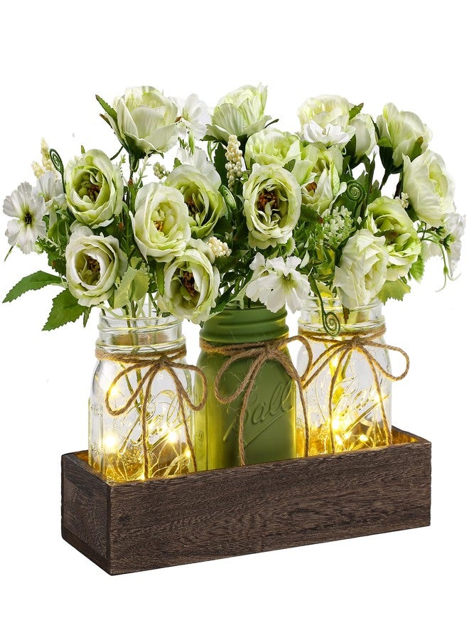 DUO ER DUOER 3 Pcs Mason Jar Centerpiece Table Decorations for Dining Farmhouse Coffee Table Decor with Wood Tray and Led Light Table Centerpieces for Dining room Kitchen Living Bathroom,Green - Image 1