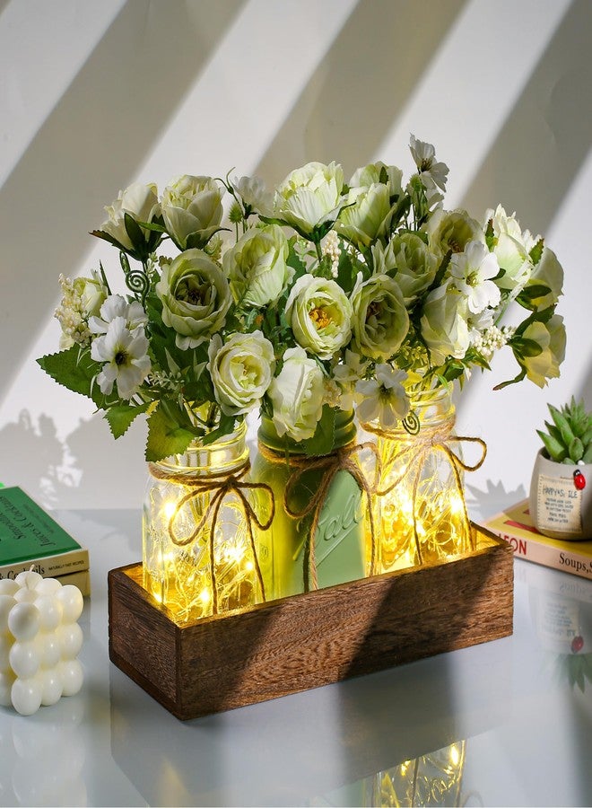 DUO ER DUOER 3 Pcs Mason Jar Centerpiece Table Decorations for Dining Farmhouse Coffee Table Decor with Wood Tray and Led Light Table Centerpieces for Dining room Kitchen Living Bathroom,Green - Image 2