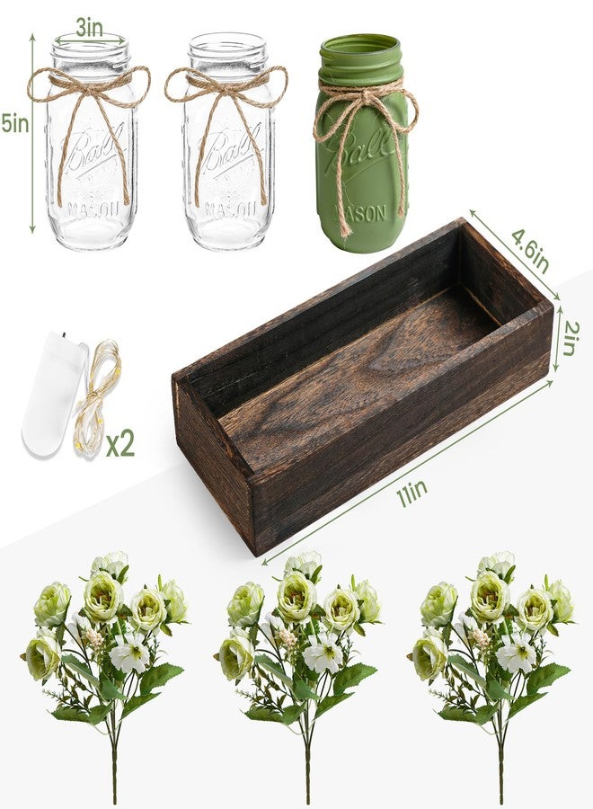 DUO ER DUOER 3 Pcs Mason Jar Centerpiece Table Decorations for Dining Farmhouse Coffee Table Decor with Wood Tray and Led Light Table Centerpieces for Dining room Kitchen Living Bathroom,Green - Image 4