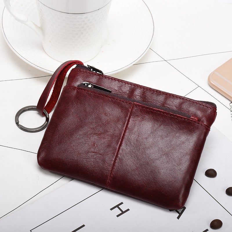 New Trendy Genuine Leather Mens Simple Coin Purse Womens Zipper Hand Wallet Vintage Short Cowhide Card Bag Cross-Border Wine Red