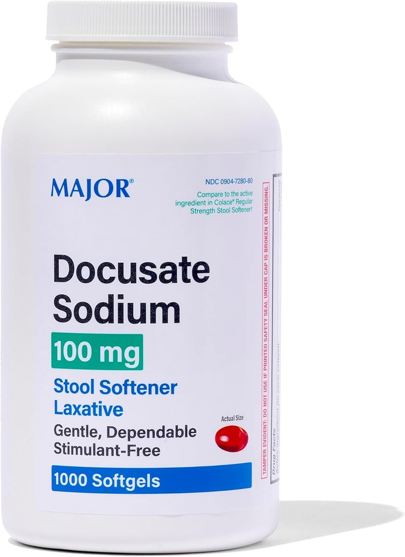 Major Pharmaceuticals MAJOR Docusate Sodium 100 mg - Stool Softener Laxative Softgels for Occasional Constipation Relief - Stool Softeners for Women, Men, and Kids - Stimulant-Free - 1000 Softgels (1 Pack)