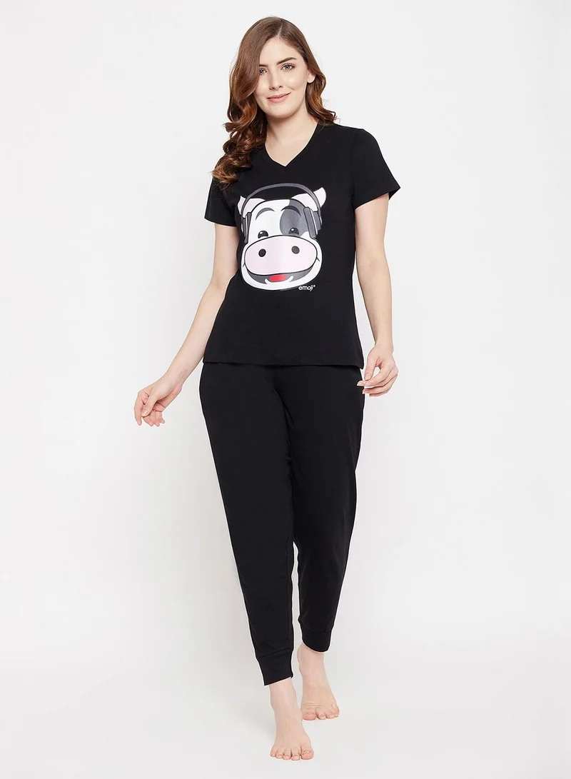 Clovia Clovia Cow Emoji Print Top And Solid Jogger Set In Black - 100% Cotton