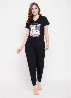 Clovia Cow Emoji Print Top And Solid Jogger Set In Black - 100% Cotton