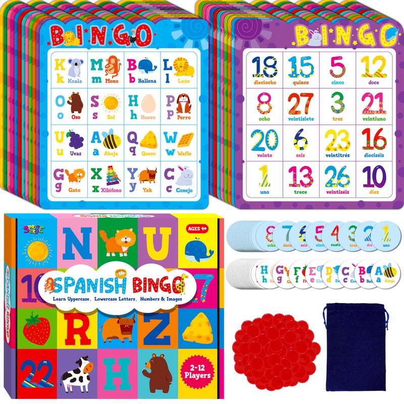 SpriteGru Spanish Bingo Game 12 Bingo Board Spanish Letters Numbers Words Vocabulary Game Early Educational Toys for Learning Ages 4 and up Perfect for Classroom at Home Up to 12 Players - Image 3