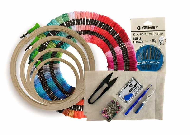 Gemsy Ultimate Embroidery Kit for Beginners 50 Colourful Threads 4 Bamboo Hoops 2 Aida Cloths Essential Tools and Materials Thread Cutter Seam Ripper Needle Threader Needle Compact Heat Erasable Pen Sewing Pins Complete DIY Kit Craft Supplies for Adults Kids - Image 1