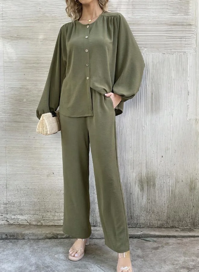 Take Two Take Two Solid Button Front Long Sleeve Shirt and Pants Co-Ords