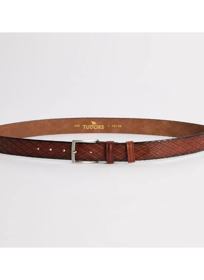 Tudors Men's Leather 3.5 cm Patterned Classic Brown Belt