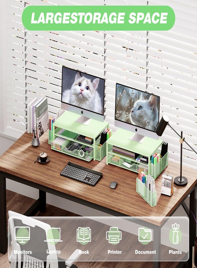 OPNICE Desk Organizers and Accessories, 2-Tier Computer Monitor Stand Riser with Drawer and 2 Pen Holders, Laptop Stand, Office Desk Accessories for Office Supplies, Green - Image 4