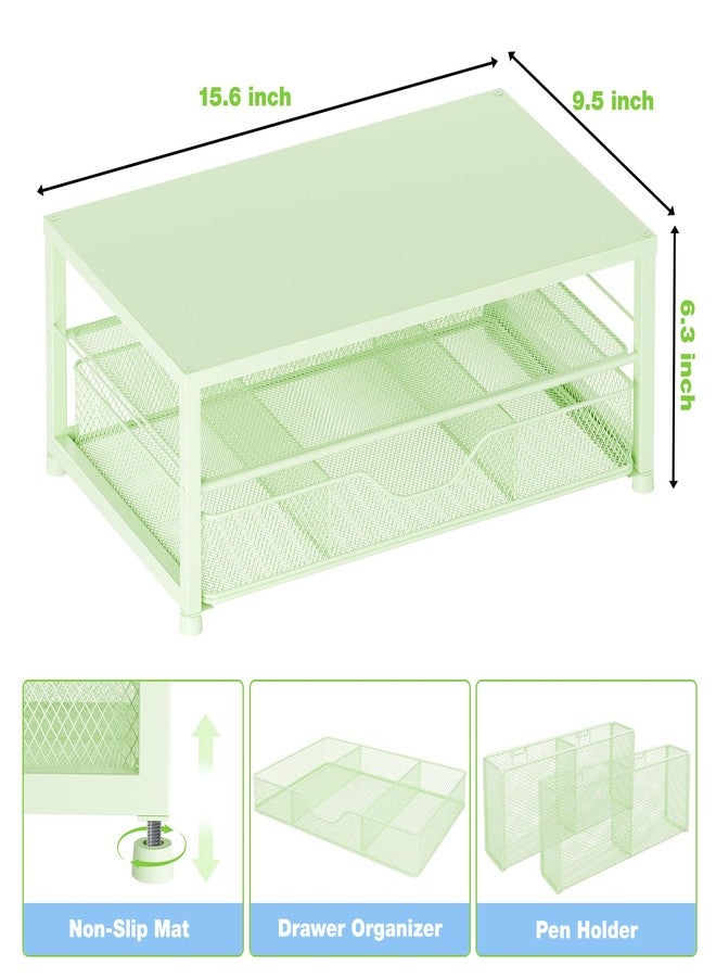 OPNICE Desk Organizers and Accessories, 2-Tier Computer Monitor Stand Riser with Drawer and 2 Pen Holders, Laptop Stand, Office Desk Accessories for Office Supplies, Green - Image 3