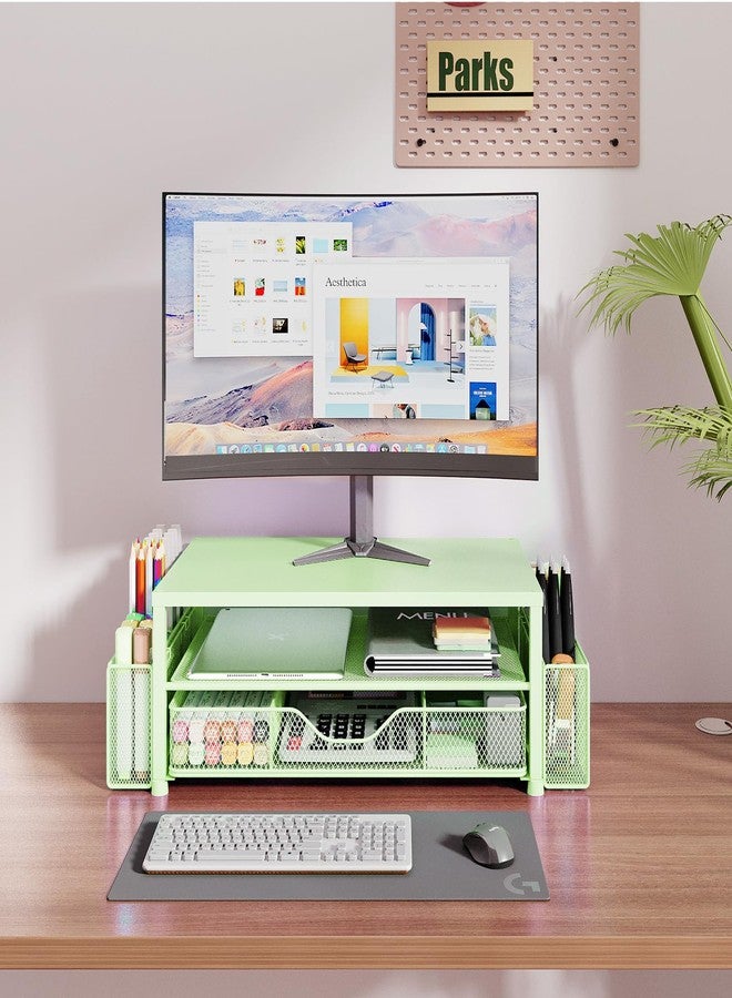 OPNICE Desk Organizers and Accessories, 2-Tier Computer Monitor Stand Riser with Drawer and 2 Pen Holders, Laptop Stand, Office Desk Accessories for Office Supplies, Green - Image 2