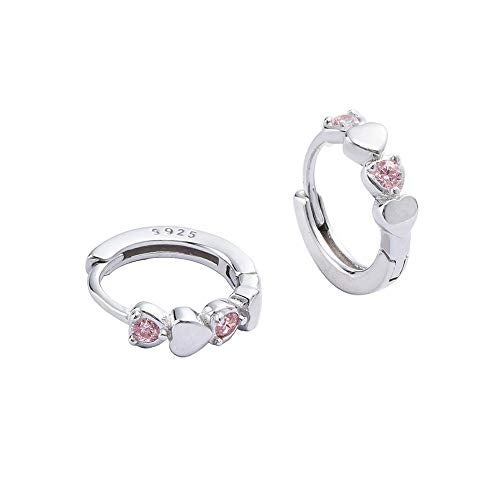 Dtja Double Love Heart Cubic Zirconia Small Hoop Earrings for Women Girls 925 Sterling Silver Hypoallergenic Pink CZ Huggie Hoops Cartilage Dainty Jewelry Gifts - Image 1