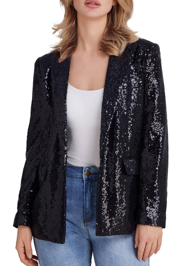 Kelyaa Womens Sequin Suit Jacket Open Front One Button Long Sleeve Blazers Party Sparkly Cardigan Coat with Pockets Black