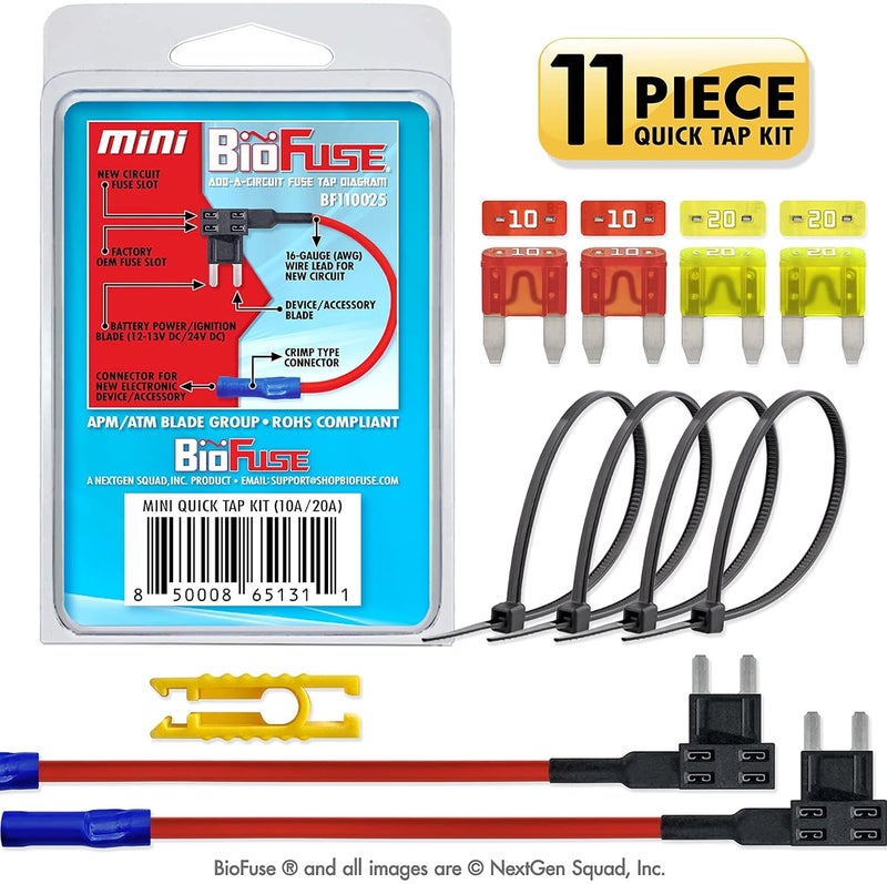 BIOFUSE مجموعة توصيل سريعة APM ATM Mini 12 AWG: 2 محولات توصيل دوائر إضافية، 2 كل منها (10A 20A) فيوزات شفرات، 4 روابط سحاب + أداة سحب الفيوز - Image 3