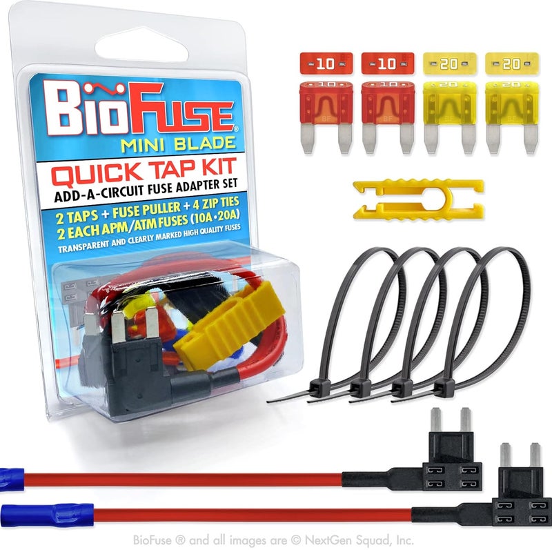 BIOFUSE مجموعة توصيل سريعة APM ATM Mini 12 AWG: 2 محولات توصيل دوائر إضافية، 2 كل منها (10A 20A) فيوزات شفرات، 4 روابط سحاب + أداة سحب الفيوز - Image 1