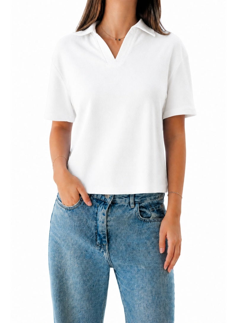Premium Women’s 100% Egyptian Cotton Textured Polo T-Shirt – Soft Casual Fit, White - Image 1