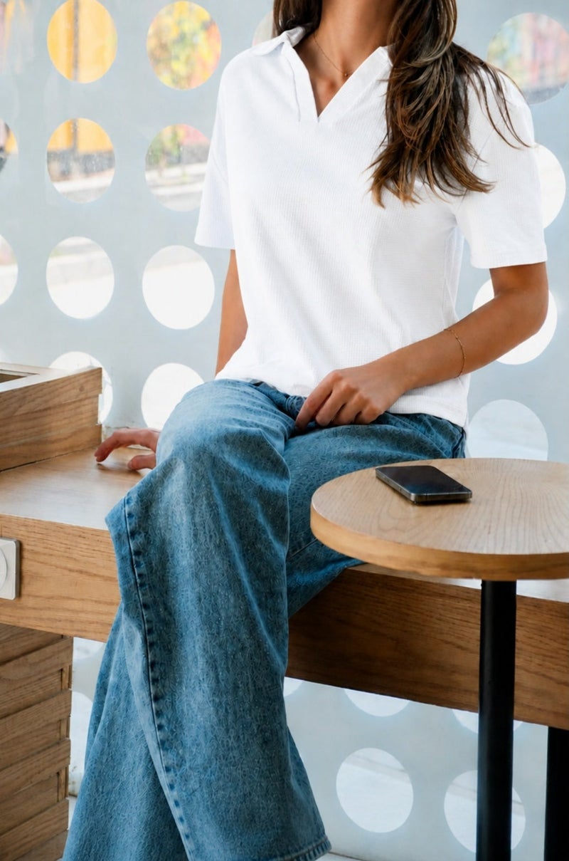 Premium Women’s 100% Egyptian Cotton Textured Polo T-Shirt – Soft Casual Fit, White - Image 3