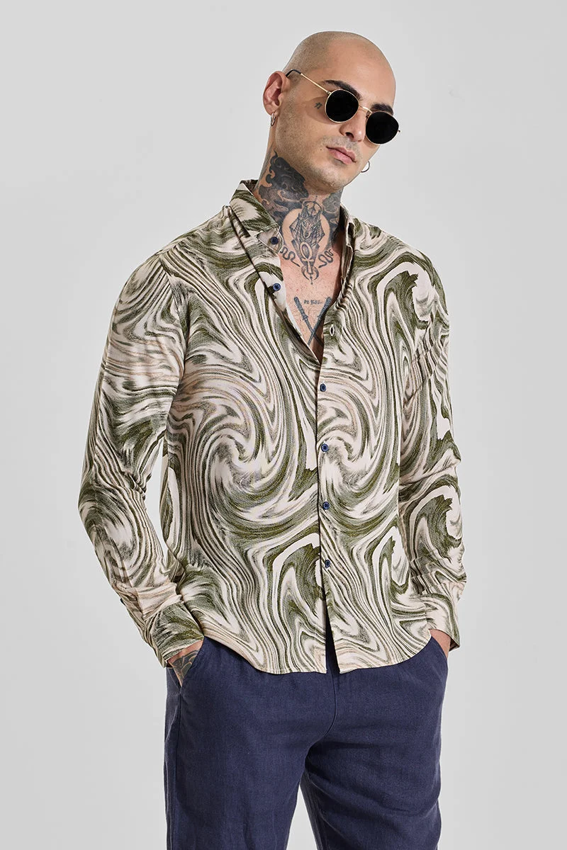 SNITCH Muted Olive Green Abstract Long Sleeve Slim Fit Shirt