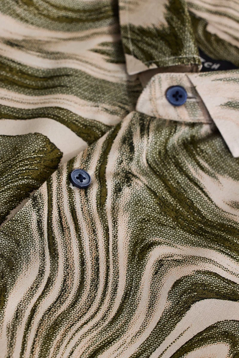 سنيتش Muted Olive Green Abstract Long Sleeve Slim Fit Shirt