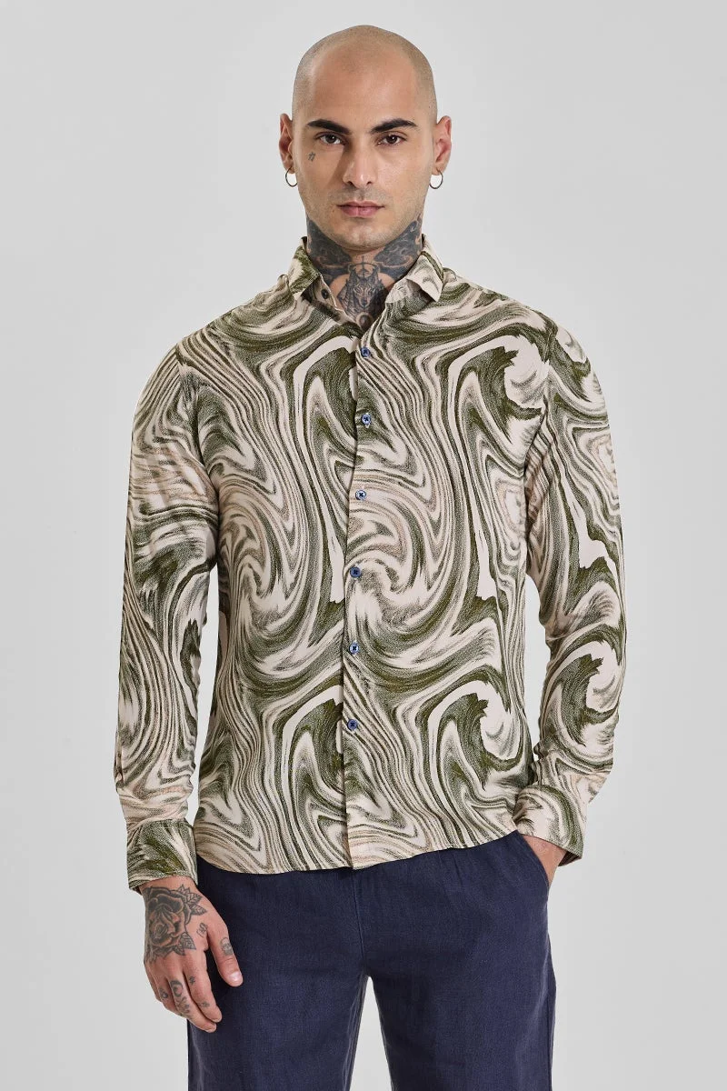 سنيتش Muted Olive Green Abstract Long Sleeve Slim Fit Shirt