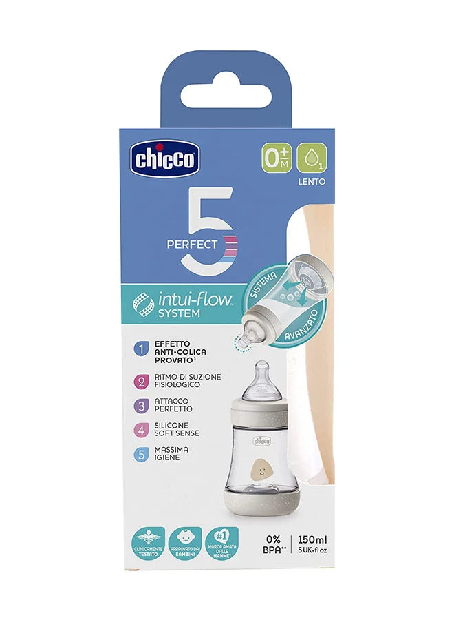 Chicco Perfect 5 Feeding Bottle 150Ml Slow Flow 0M+ Silicone, Neutral