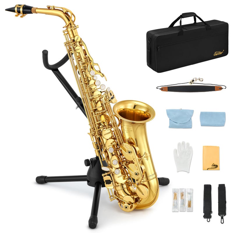 Eastar Student Alto Saxophone E Flat for Beginner Sax Full Kit with Carrying Case Mouthpiece Straps Reeds Stand Golden Lacquer AS