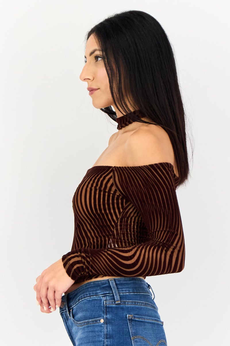 Bershka Women Halter Neck Abstract Pattern Long Sleeve Top, Coffee Brown - Image 3