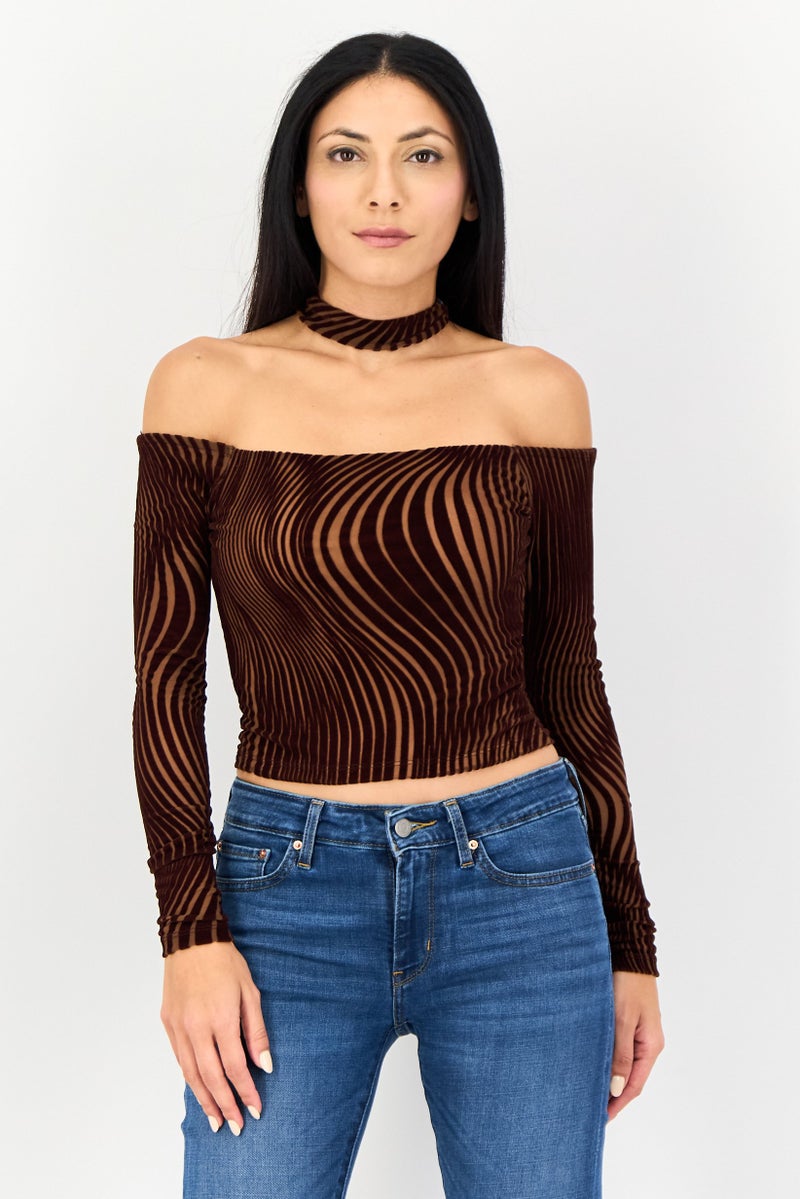 Bershka Women Halter Neck Abstract Pattern Long Sleeve Top, Coffee Brown - Image 1