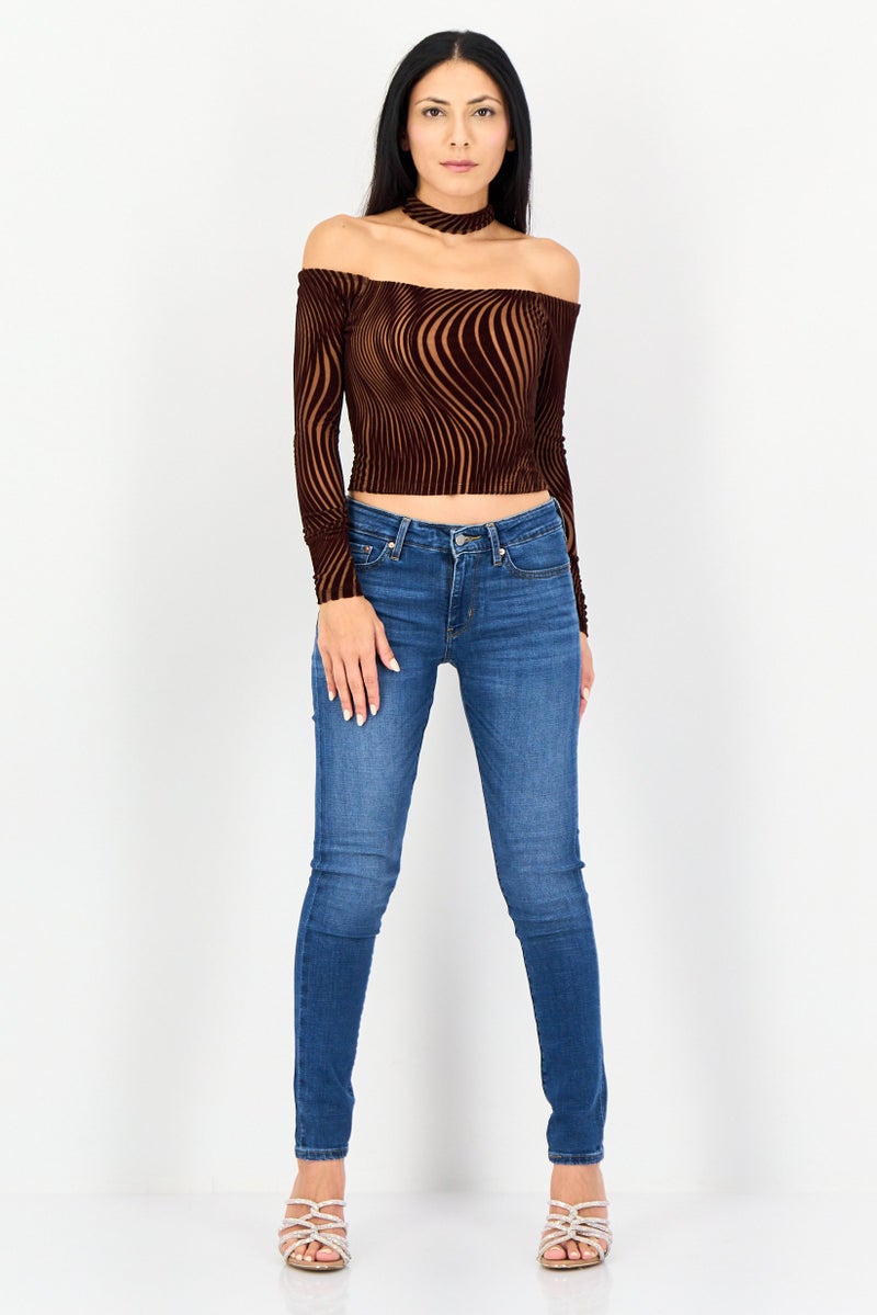 Bershka Women Halter Neck Abstract Pattern Long Sleeve Top, Coffee Brown - Image 2