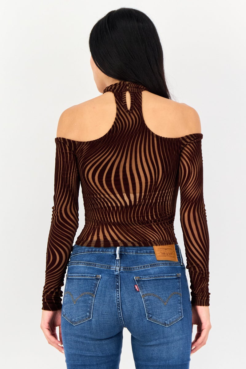 Bershka Women Halter Neck Abstract Pattern Long Sleeve Top, Coffee Brown - Image 4