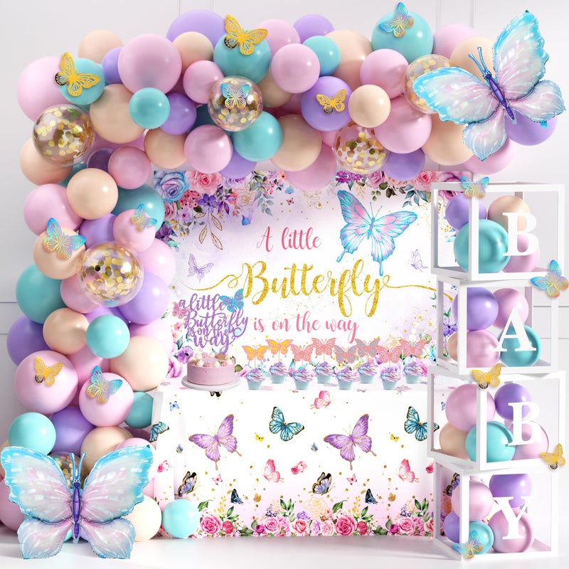 TREWAVE Butterfly Baby Shower Decorations for Girls A Little Butterfly Is On The Way Party Backdrop Butterfly Cake Toppers Stickers Pink Purple Balloons Baby Boxes for Girl Birthday Baby Shower Decor - Image 1
