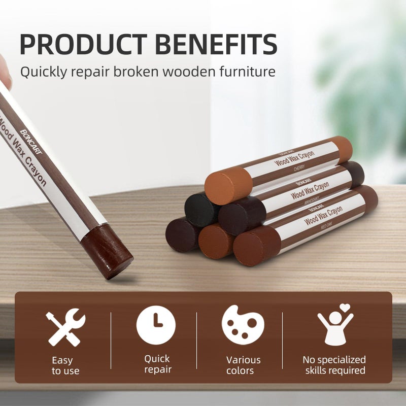 Boncart Wood Filler Sticks,6 Colors Wood Wax Crayons for Repairing Scratches, Scuffs, Cracks, and nail Holes on Wood Furniture, Floors, Cabinets, Tables, and Doors - Image 4