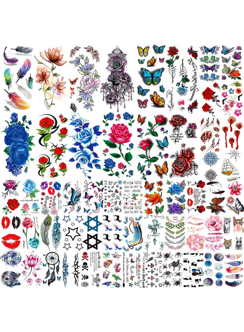 KASTWAVE Rose Flowers Temporary Tattoos, Realistic Feather 3D Butterfly Fake Tattoos Temporary for Girls, Floral Blossom Branch Arm Neck Face Tatoo Sticker Kit (56 Sheets) - Image 1