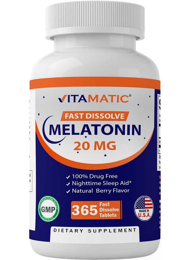 Vitamatic Melatonin 20 mg Tablets | Vegetarian, Non-GMO, Gluten Free | 1 Year Supply | Natural Berry Flavor - 365 Tablets - Image 1
