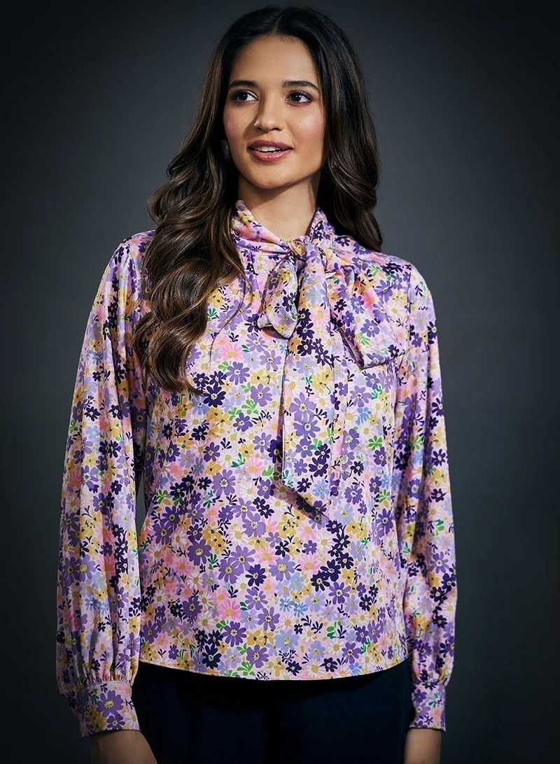 Zigzag Neck Tie Long Sleeve Pink Satin Top