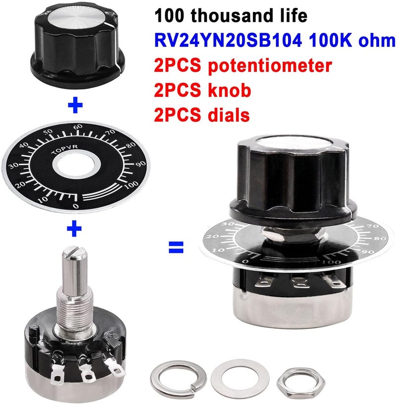 Taiss 2pcs RV24YN20S 100K Potentiometer Single Turn Carbon Film Rotary Taper Potentiometer Used for Inverter speed regulation. Motor speed control with 2pcs A03 knob & 2pcs dials (B104 100K ohm) - Image 2