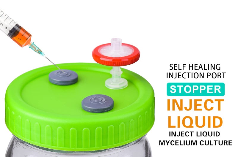 Eleganttime 8Pcs Wide Mouth Liquid Culture Lids,Cultivation Mason Jar Lid with 0.22um PTFE Syringe Filter & 20mm Self Healing Injection Ports For Mushroom(Green) - Image 2