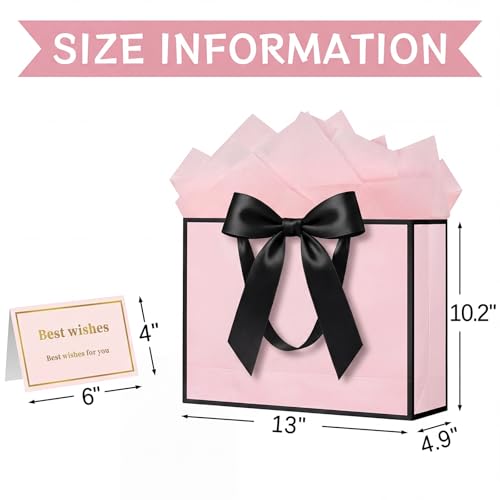 Laidans 13" Gift Bag with Handles and Bow Ribbon, Large Gift Bag with 3 Tissue Paper and 1 Card for Birthdays, Baby Showers, Wedding, Bridal Showers, Mother's Day (Light Pink) - Image 2