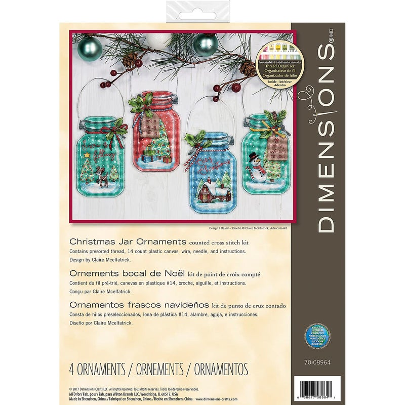 Dimensions 7008964 Counted Cross Stitch Holiday Mason Jar Ornament Kit 4pc