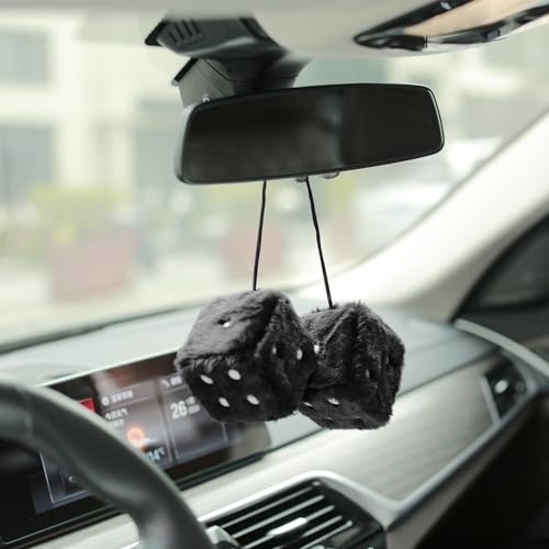 YGMONER Black Fuzzy Dice for Car Rear View Mirror, Pair of 2.75" Plush Dice Retro Hanging Ornaments Car Interior Rearview Mirror Decor Accessories (Black) - Image 4