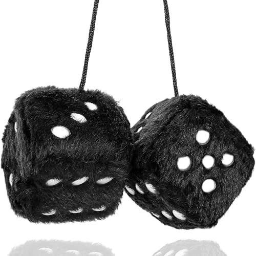 YGMONER Black Fuzzy Dice for Car Rear View Mirror, Pair of 2.75" Plush Dice Retro Hanging Ornaments Car Interior Rearview Mirror Decor Accessories (Black) - Image 1