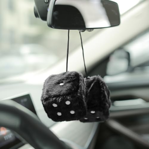 YGMONER Black Fuzzy Dice for Car Rear View Mirror, Pair of 2.75" Plush Dice Retro Hanging Ornaments Car Interior Rearview Mirror Decor Accessories (Black) - Image 5