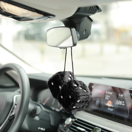 YGMONER Black Fuzzy Dice for Car Rear View Mirror, Pair of 2.75" Plush Dice Retro Hanging Ornaments Car Interior Rearview Mirror Decor Accessories (Black) - Image 3