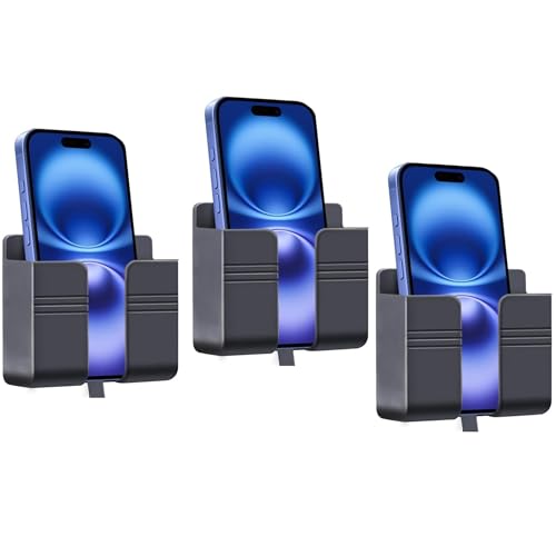 TARAVEE 3 Pcs Premium Wall Mount Phone Holder with 3M Adhesive, Multi-Purpose Stand with Data Cable Receiving Hole, Charger Remote Control Storage Box for Bedroom, Kitchen, P (Black Pack of 3) - Image 1