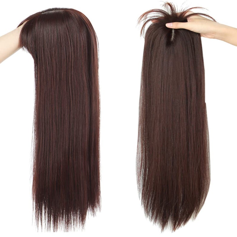 LesafeV 50cm Long Seamless Nature Look Clip in Hairpiece with Side-Fringe Extension Forehead Topper for Women with Thinning Hair Straight Dark Reddish Brown - Image 2