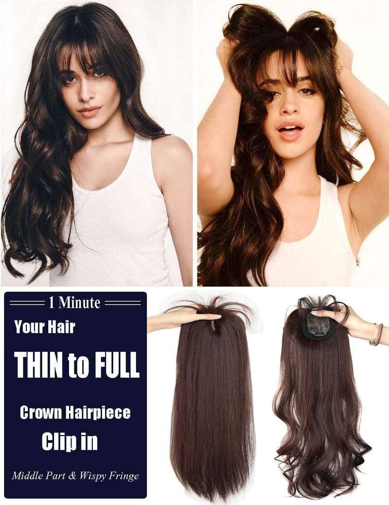 LesafeV 50cm Long Seamless Nature Look Clip in Hairpiece with Side-Fringe Extension Forehead Topper for Women with Thinning Hair Straight Dark Reddish Brown - Image 3