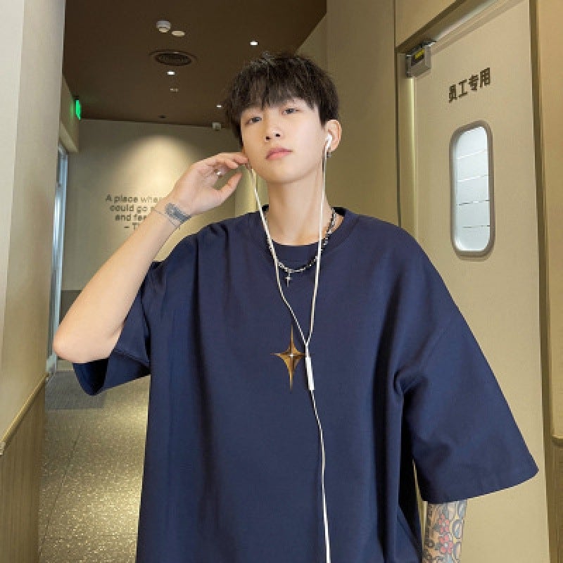 Fashion Brand Autumn Men'S Short-Sleeved T-Shirt Men'S Pure Cotton Crewneck Extra Large Size Fat Loose Short-Sleeved Purplish Blue 5 - Image 1