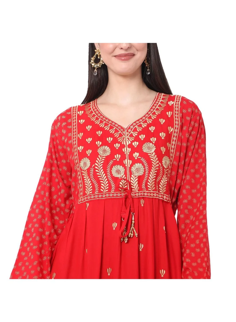 هانا آند سارا EMBROIDERED WITH PRINTED SOLID RED COLOUR ARABIC JALABIYA DRESS
