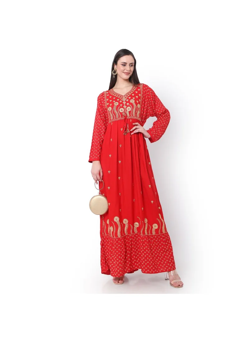 هانا آند سارا EMBROIDERED WITH PRINTED SOLID RED COLOUR ARABIC JALABIYA DRESS